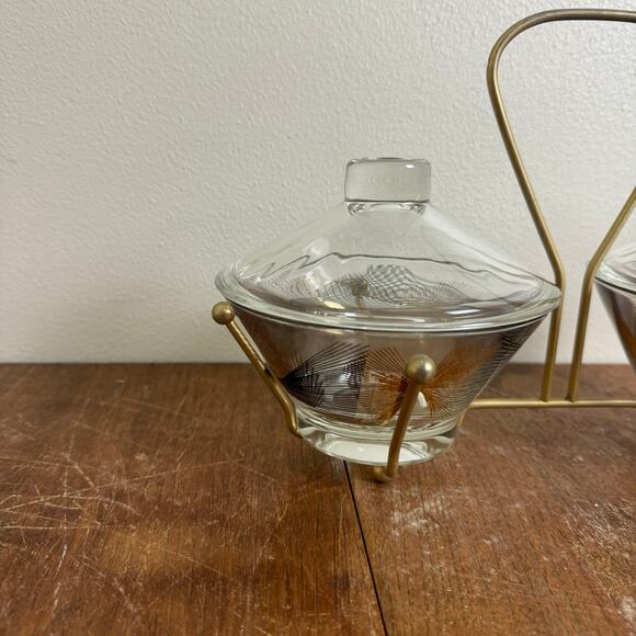 MCM Vintage Retro black gold design glass containers in metal condiment holder - Picture 2 of 10